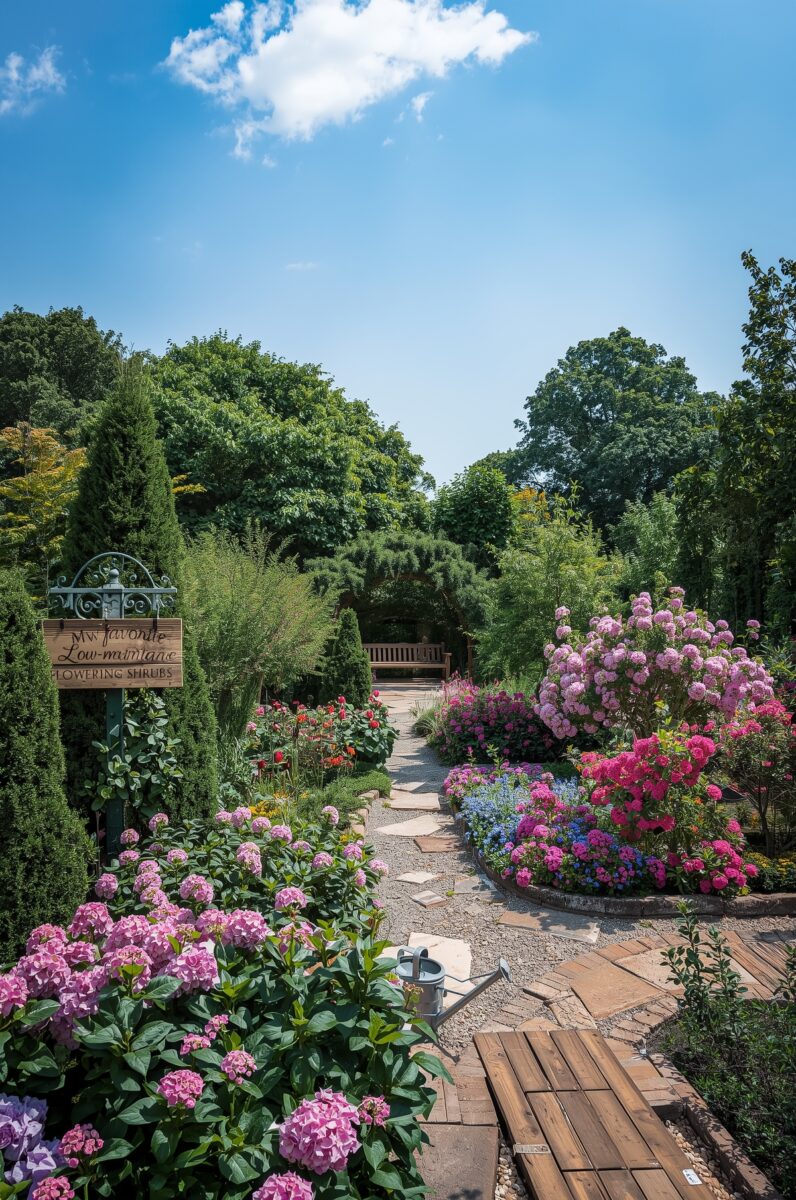 Lush garden path lined with pink hydrangeas, roses, and flowering shrubs leading to a wooden bench