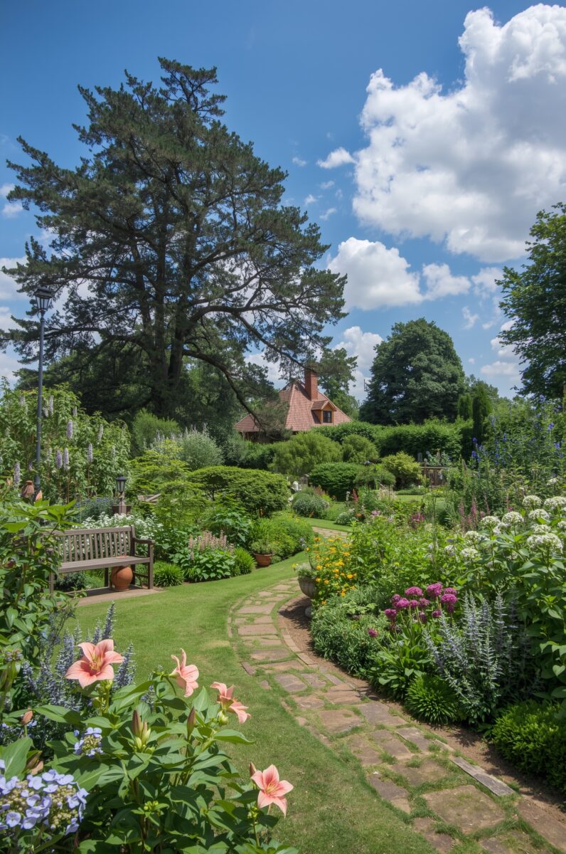 Lush English cottage garden with pink lilies, stone path, wooden bench, and red-roofed house surrounded by mature trees