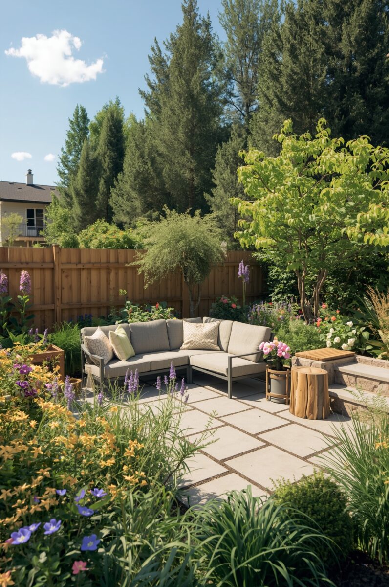 Lush backyard patio with sectional sofa, colorful flower gardens, wooden fence, and tall evergreen trees