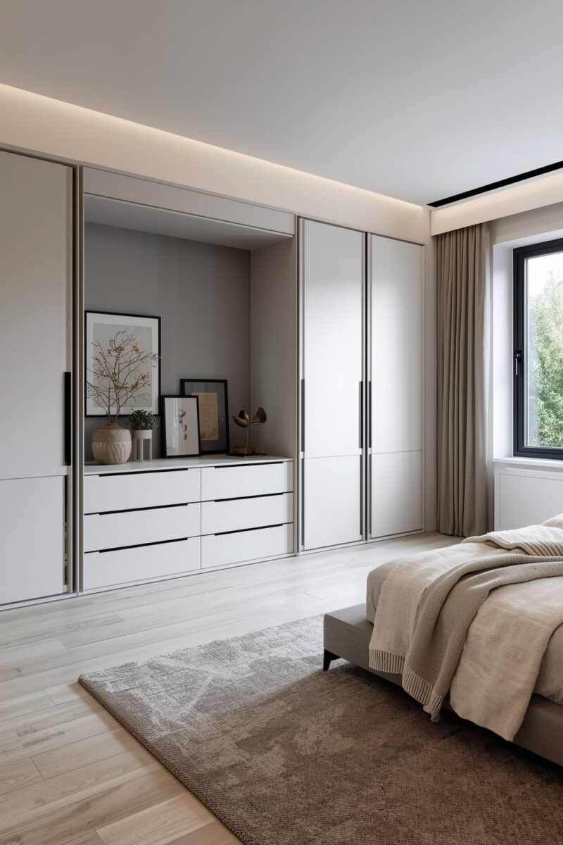 Modern minimalist bedroom with floor-to-ceiling white sliding wardrobe, built-in dresser, and neutral beige bedding