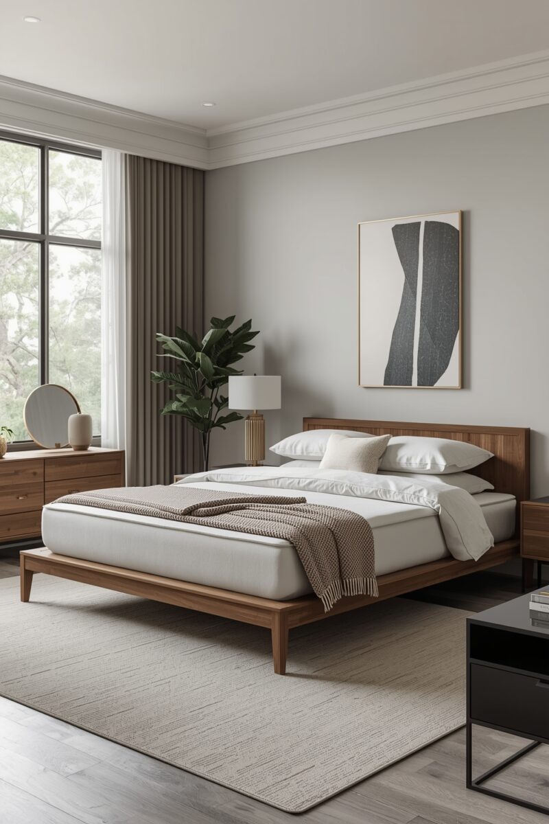 Modern minimalist bedroom with walnut platform bed, white bedding, abstract wall art, and natural light