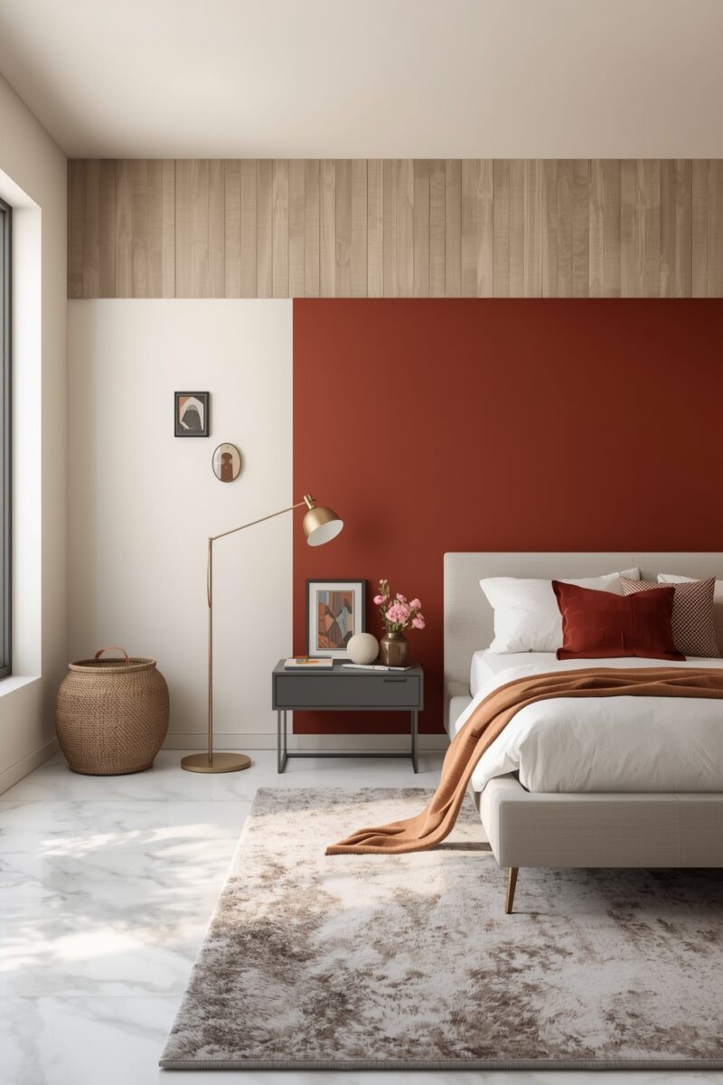 Modern bedroom with terracotta red accent wall, white upholstered bed, gold floor lamp, and wood panel ceiling detail