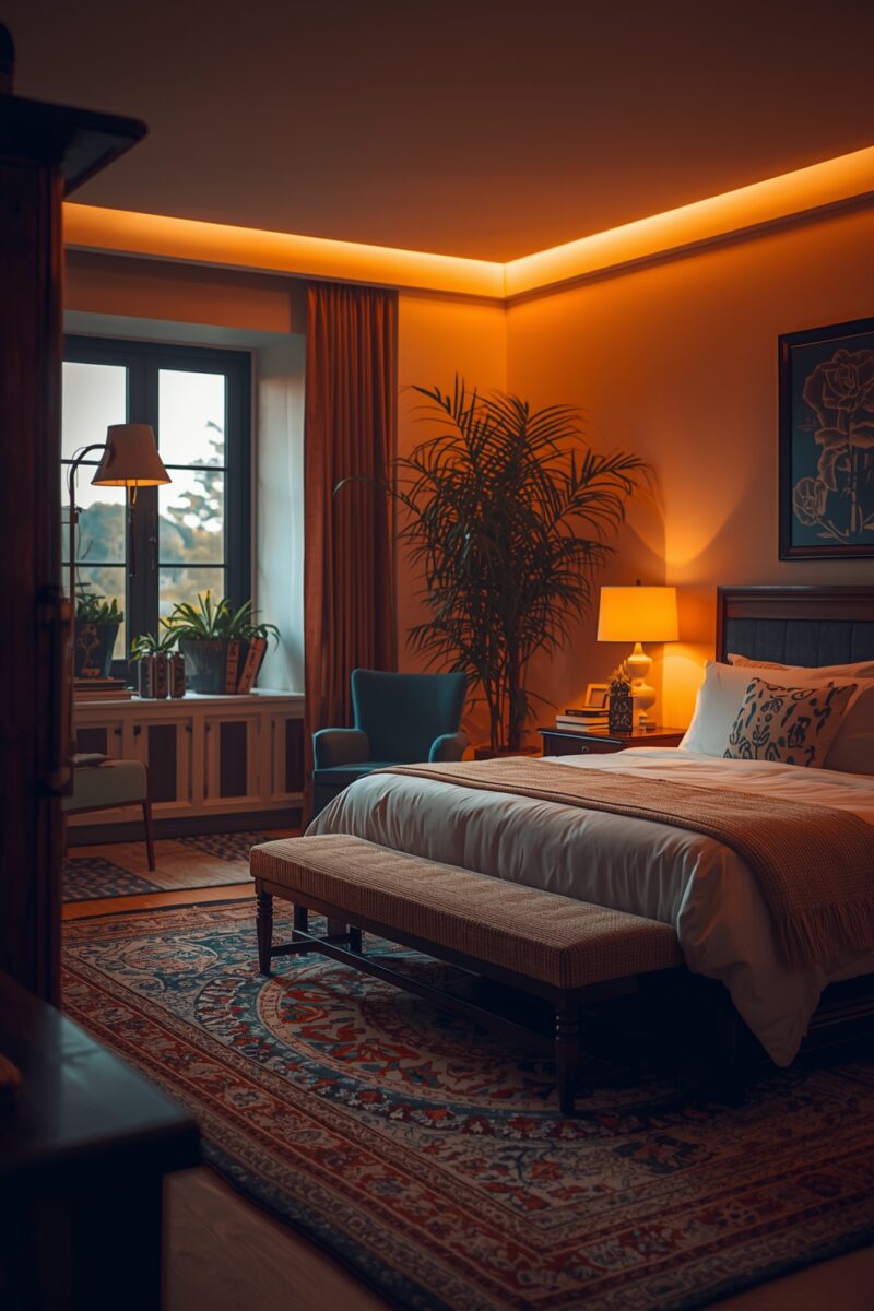 Cozy luxury bedroom with warm amber cove lighting, ornate rug, palm plant, and bedside lamp at dusk