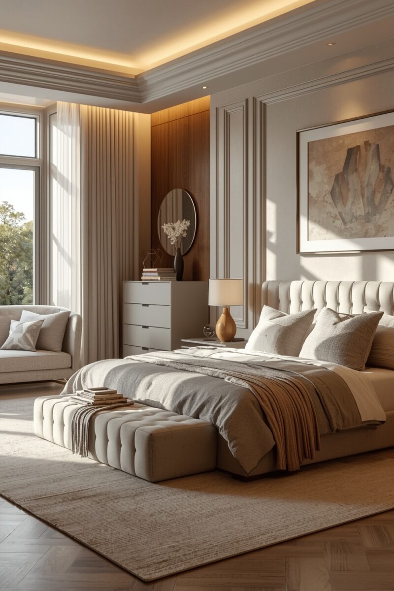 Luxury master bedroom with tufted headboard, neutral tones, cove lighting, and elegant modern decor