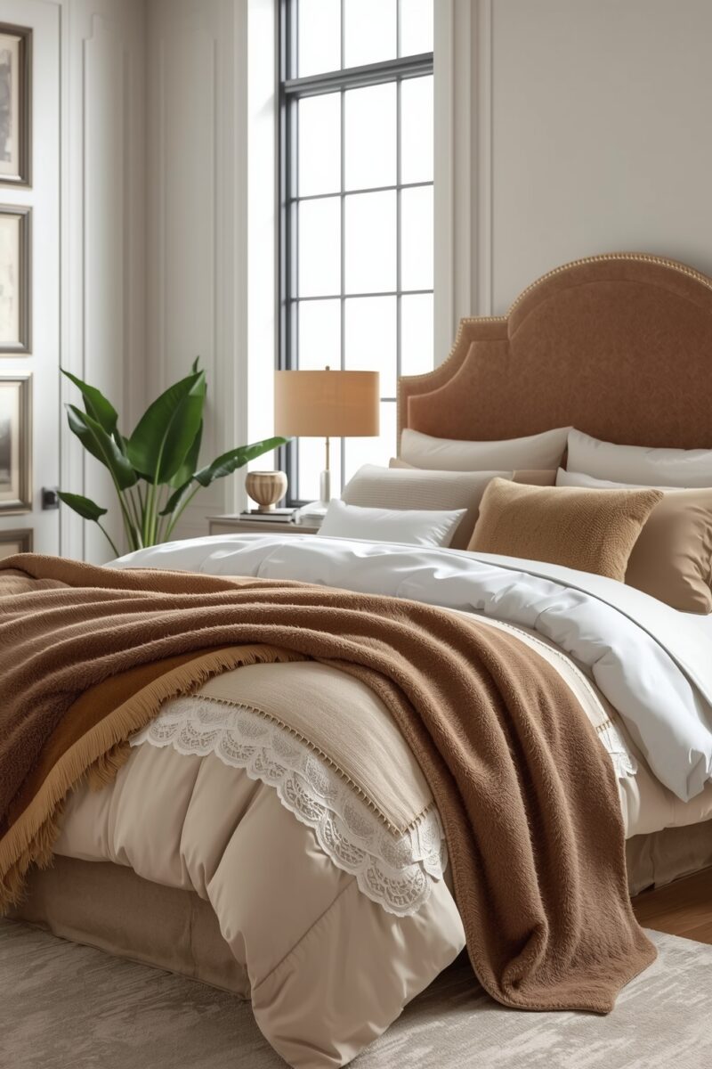 Elegant bedroom with caramel velvet headboard, white bedding, brown throw blanket, lace duvet trim, and tropical plant