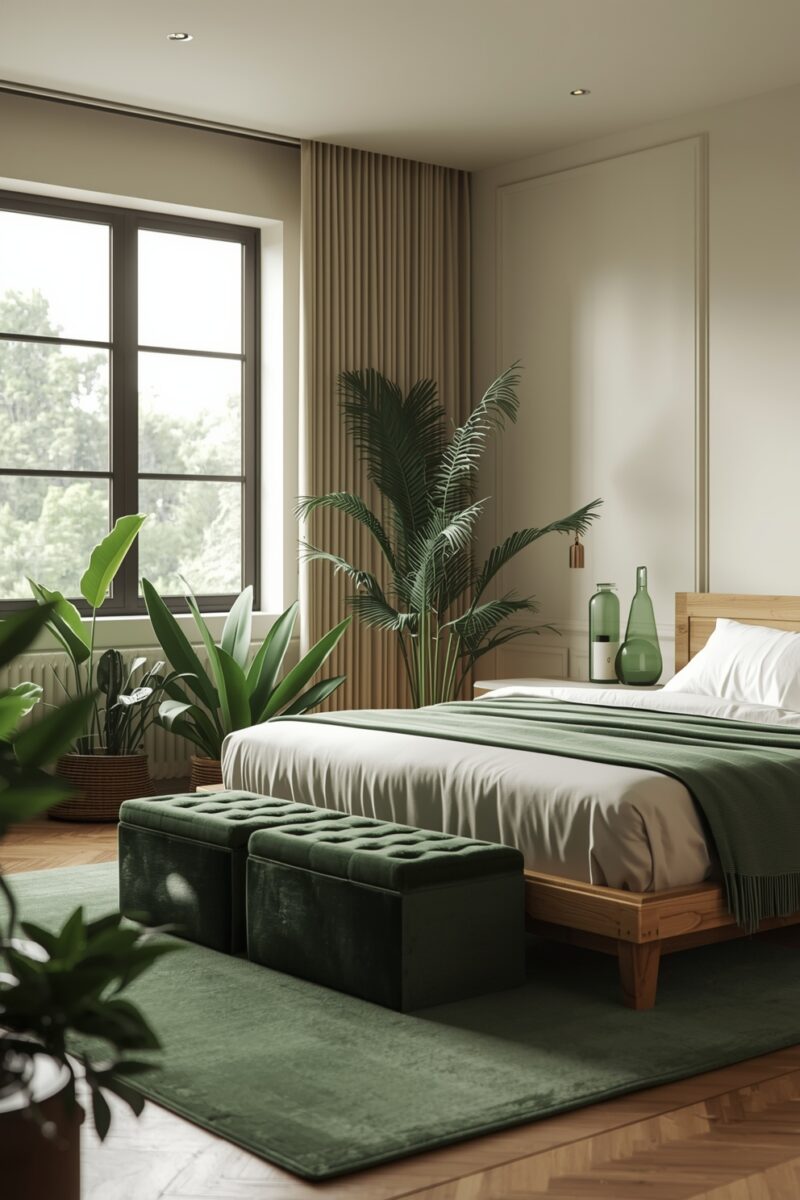 Modern bedroom with green velvet ottomans, wooden bed frame, white bedding, green rug, and tropical indoor plants