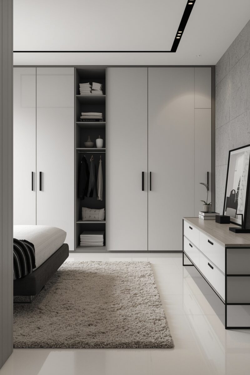 Modern minimalist bedroom with floor-to-ceiling white built-in wardrobe, open center section showing shelves and hanging clothes