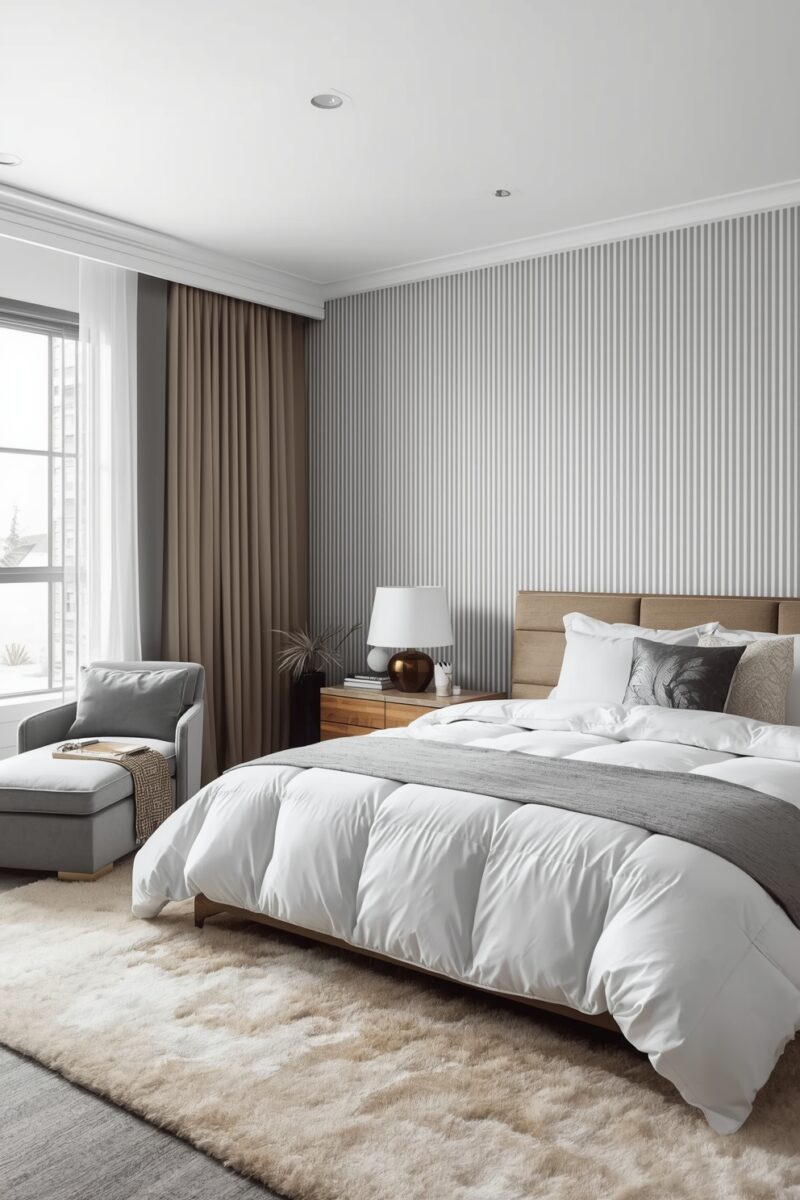 Modern neutral bedroom with white bedding, striped accent wall, wooden headboard, gray armchair, and fluffy beige rug