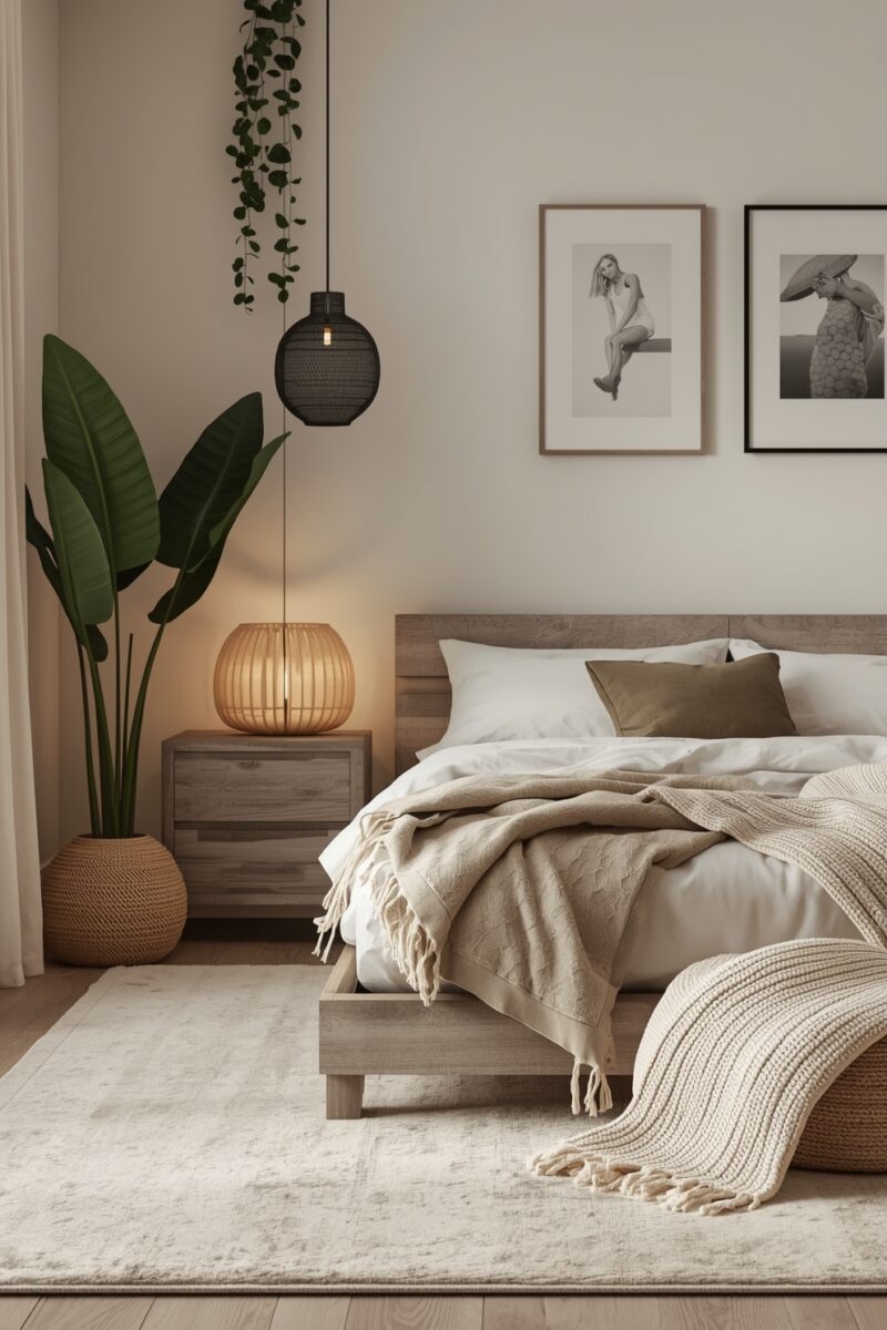 Minimalist Scandinavian bedroom with wooden bed frame, neutral linen bedding, woven pendant lamp, and tropical plants