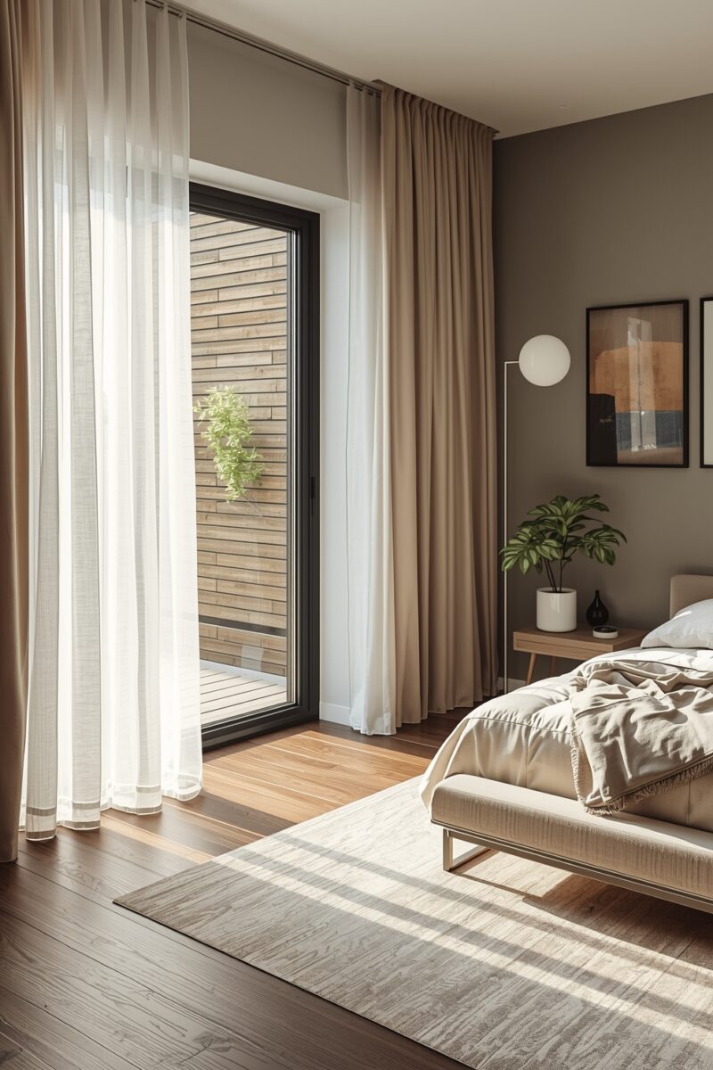 Modern minimalist bedroom with sheer white curtains, floor-to-ceiling window, wooden floors, and neutral beige bedding
