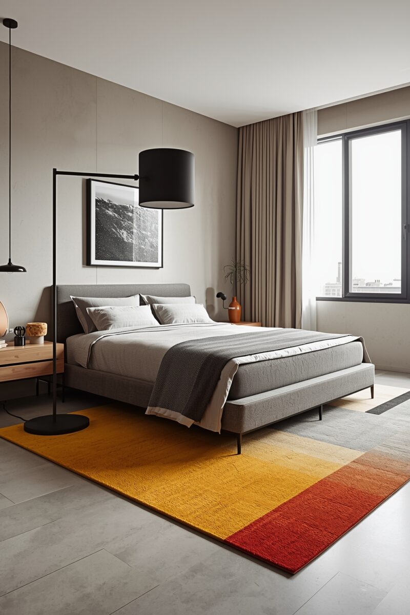 Modern minimalist bedroom with gray upholstered bed, bold yellow-to-red ombre rug, black floor lamp, and large window