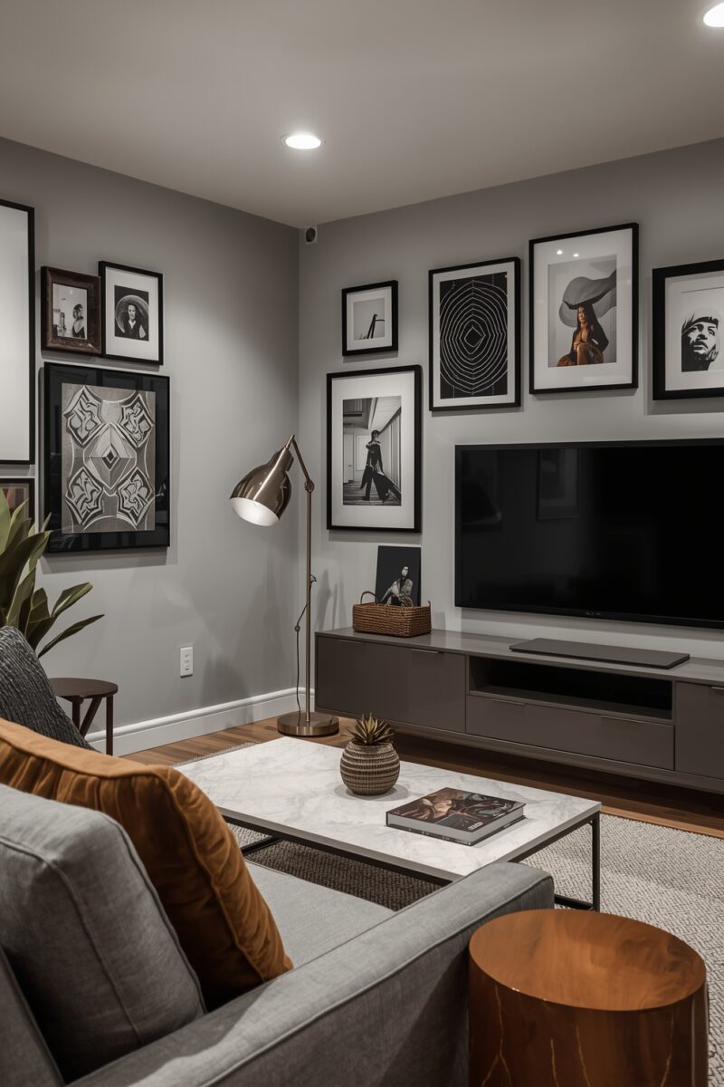 Modern living room with gray walls, gallery wall art, flat-screen TV, marble coffee table, and warm accent decor
