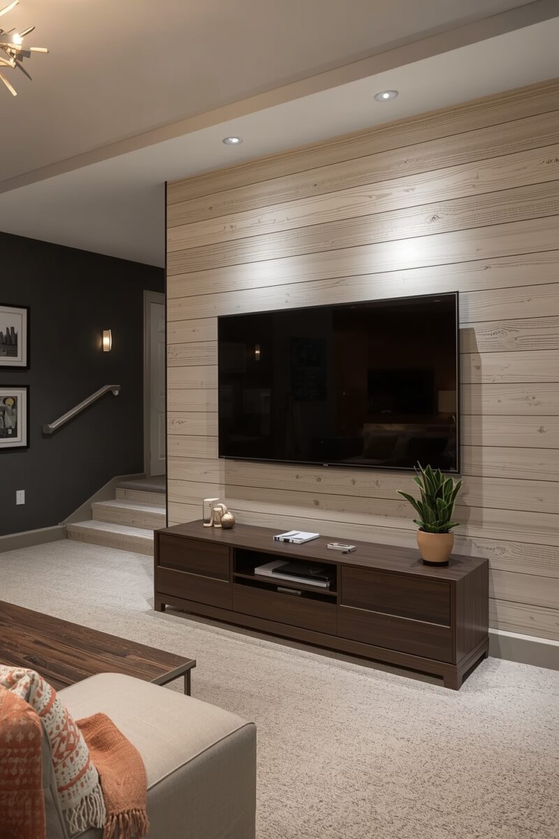 Modern basement living room with shiplap wood accent wall, wall-mounted TV, dark wood media console, and plush carpet