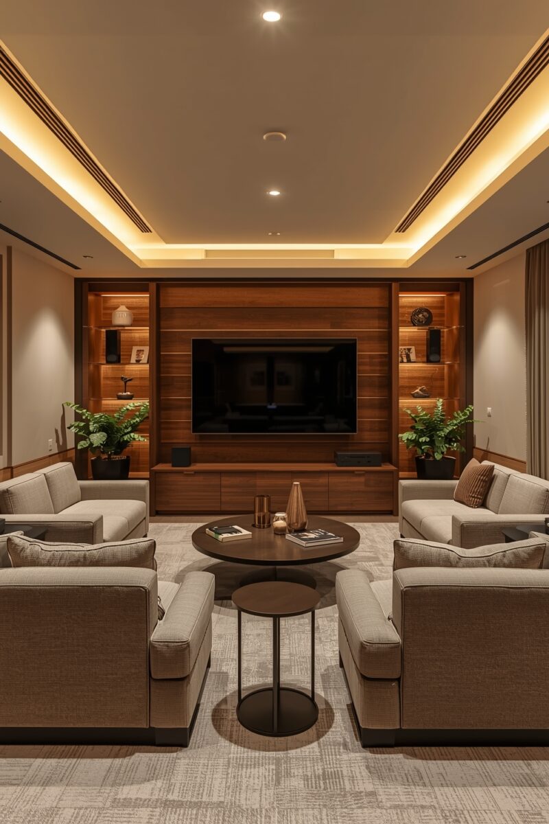 Modern luxury living room with wood-panel TV wall, built-in shelves, beige sofas, and warm cove lighting