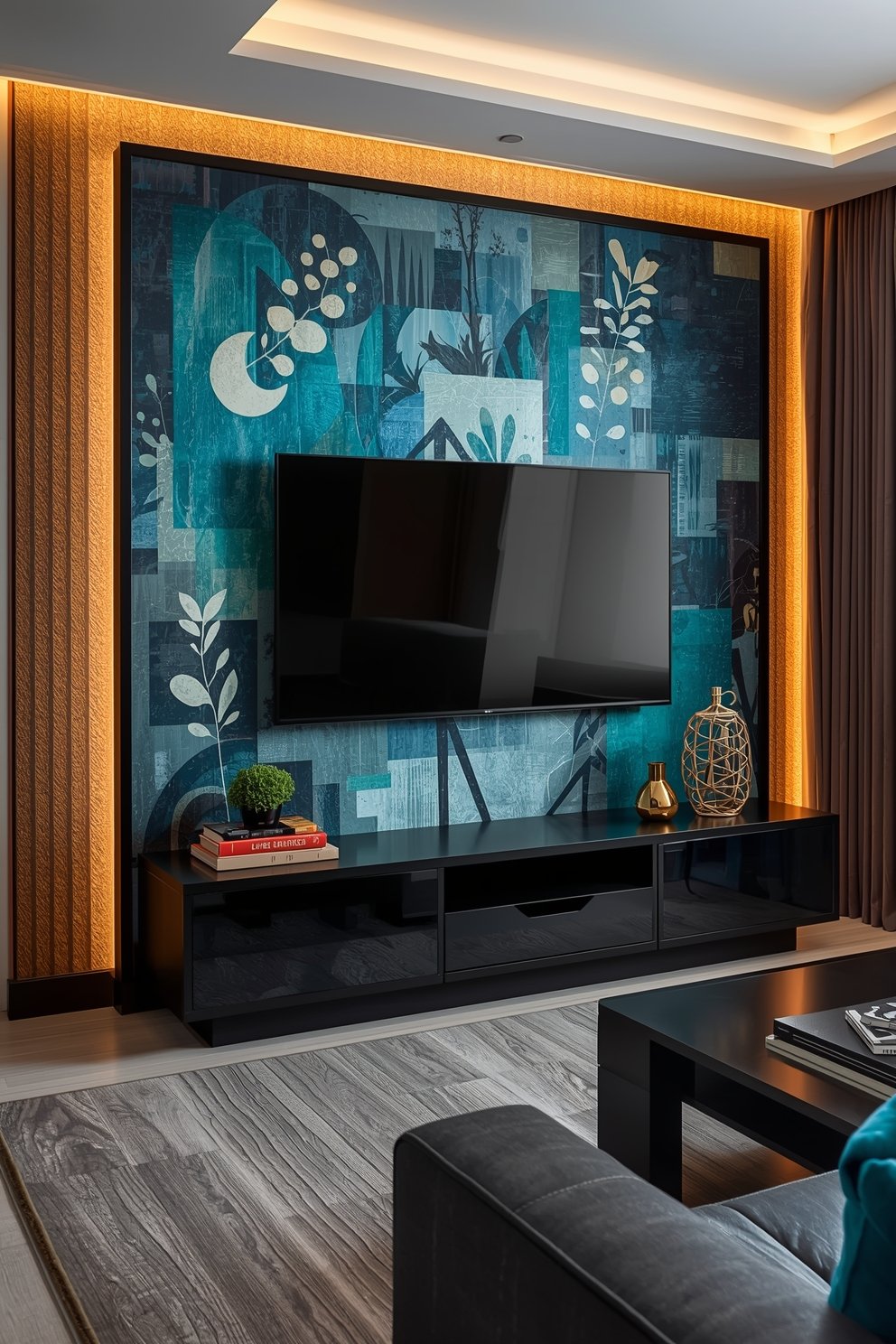 Modern living room with teal blue abstract botanical mural TV accent wall, black console, and warm LED lighting
