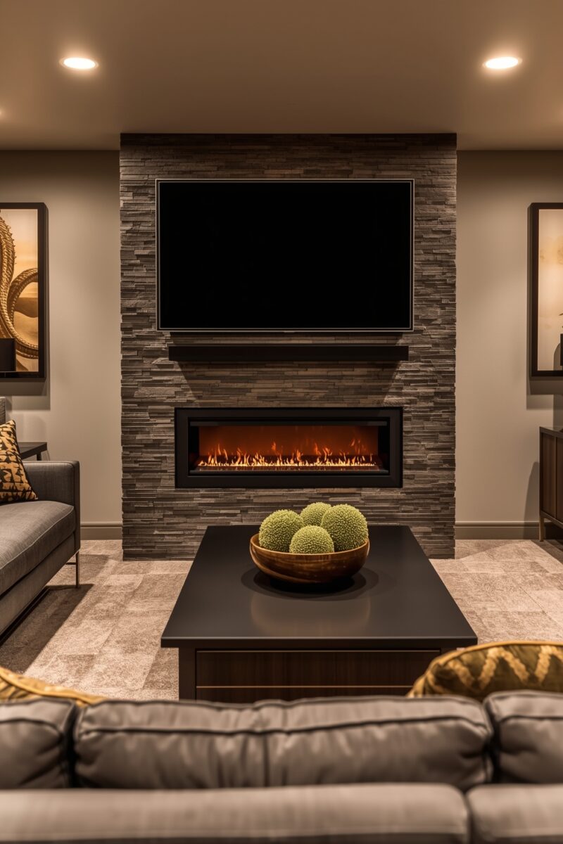 Modern living room with stacked stone fireplace wall, linear gas fireplace, mounted flat-screen TV, and dark coffee table