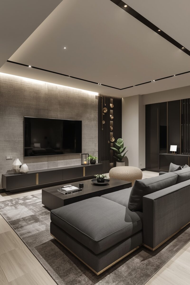 Modern luxury living room with dark gray sectional sofa, wall-mounted TV, recessed lighting, and contemporary decor