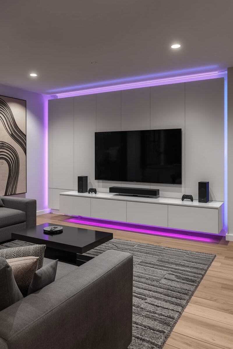 Modern living room with purple-blue LED lighting, wall-mounted TV, floating white media console, gray sofas, and wood floor