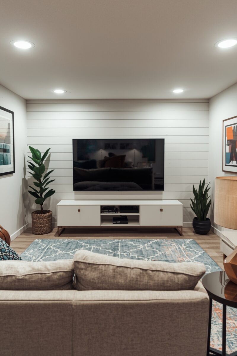 Modern living room with white shiplap TV wall, low white media console, sectional sofa, and blue patterned rug