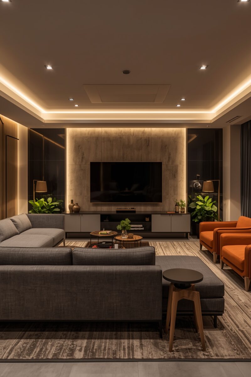 Modern living room with gray sectional sofa, orange accent chairs, wall-mounted TV, and warm LED cove lighting