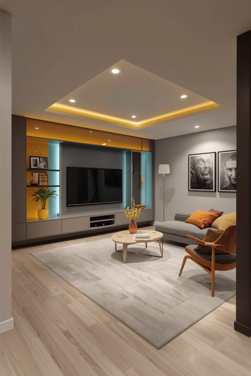 Modern living room with tray ceiling, LED-lit TV wall unit in amber and teal, gray sofa, and wooden accents