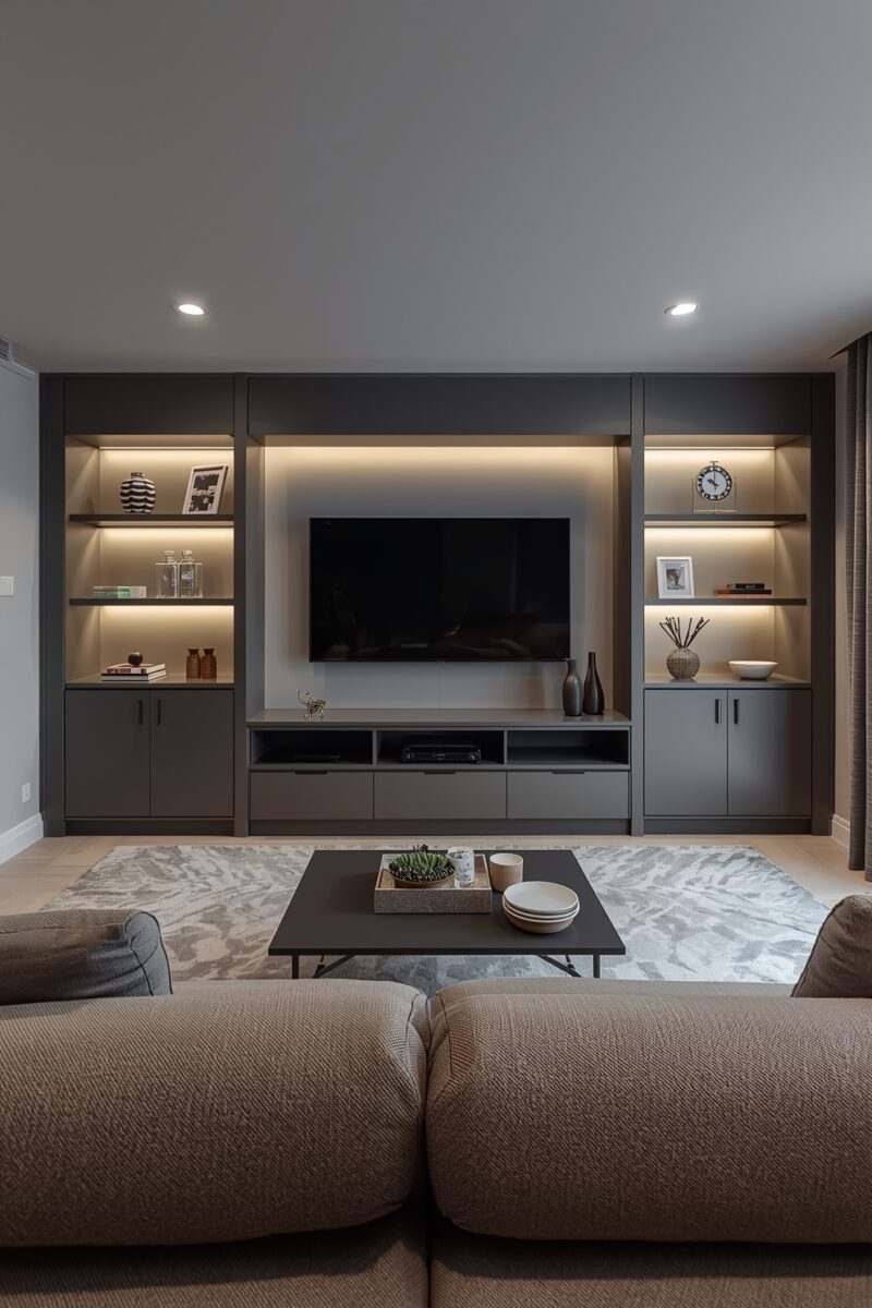 Modern living room with dark gray built-in entertainment unit, LED-lit shelves, wall-mounted TV, and beige sectional sofa