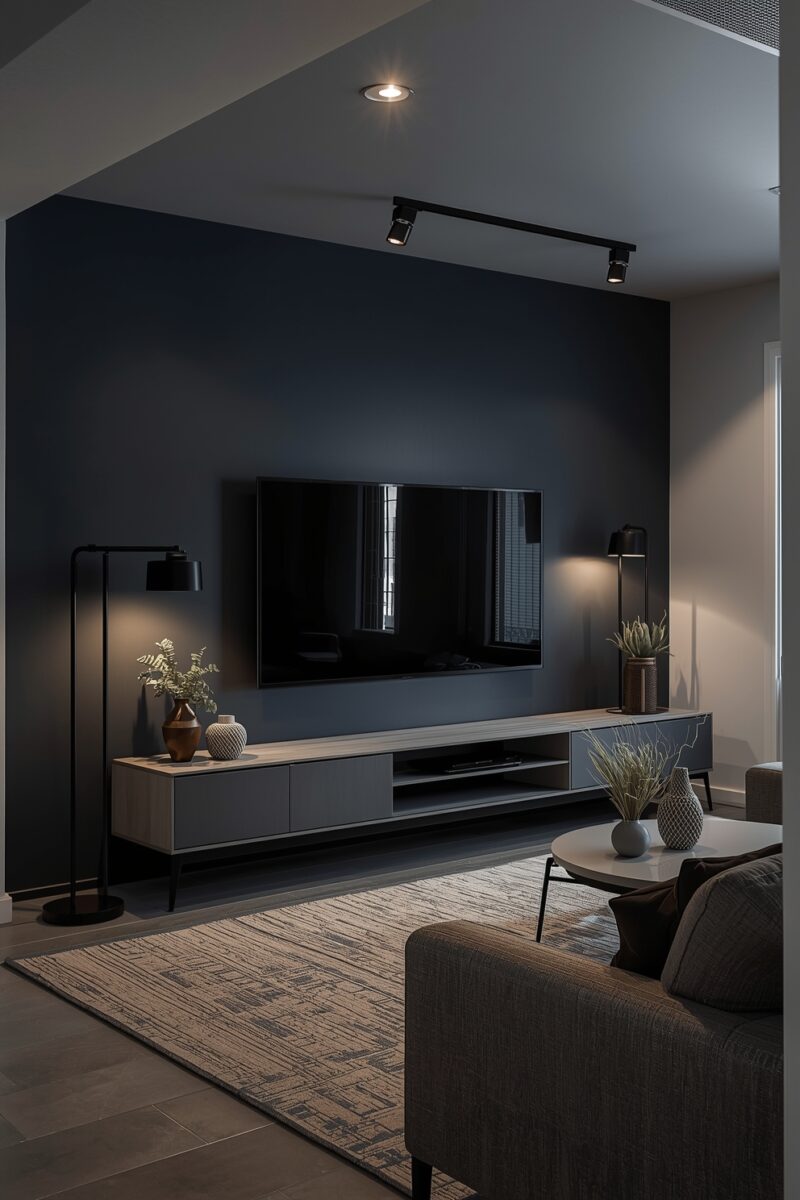 Modern living room with dark navy accent wall, wall-mounted TV, floating media console, and ambient floor lamps
