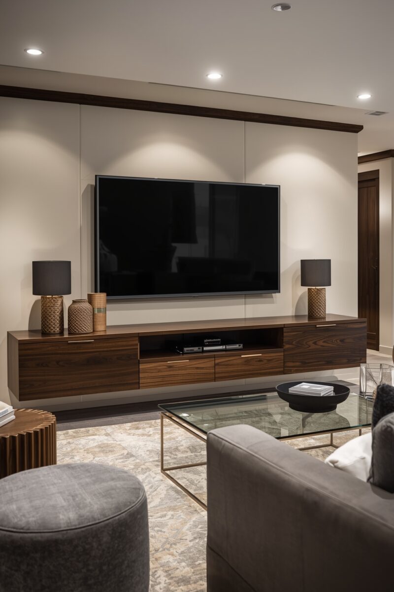 Modern living room with walnut floating TV console, wall-mounted flat screen TV, matching table lamps, and glass coffee table