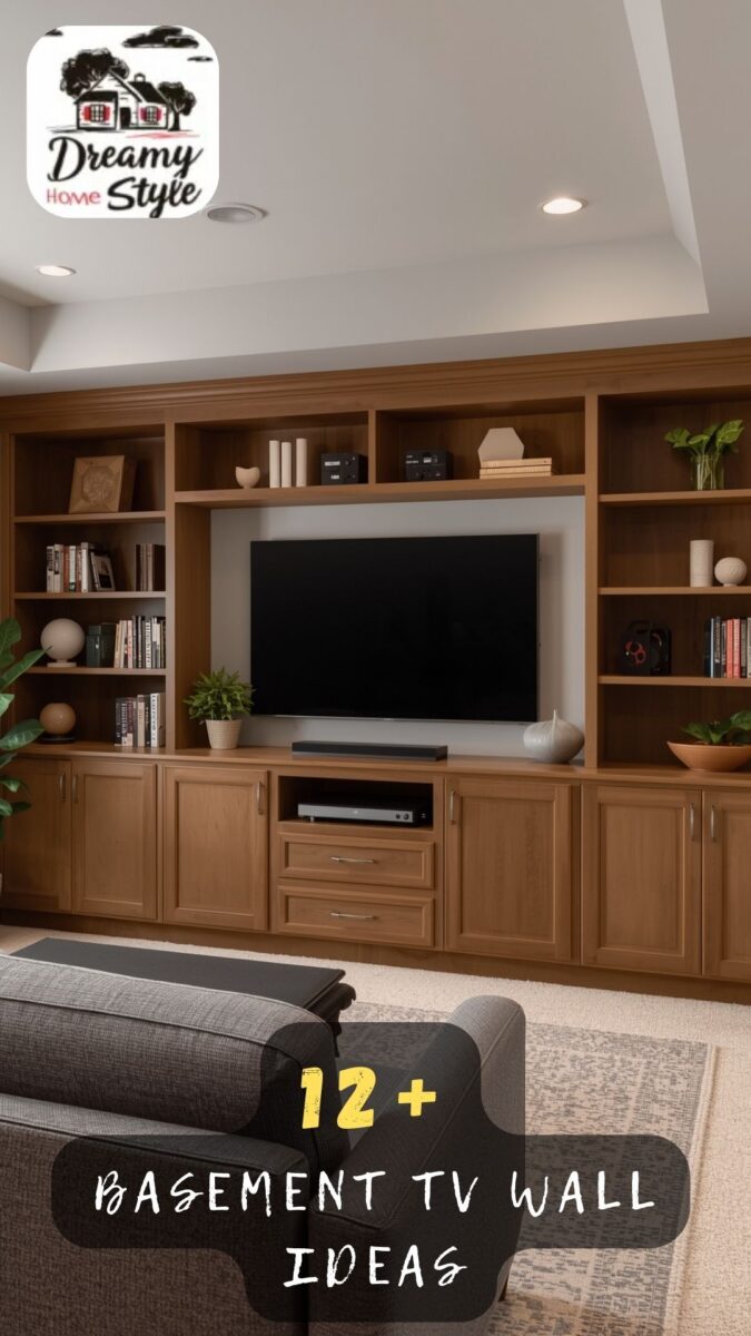 Built-in wooden TV wall unit with shelves, cabinets, and large flat-screen TV in a finished basement