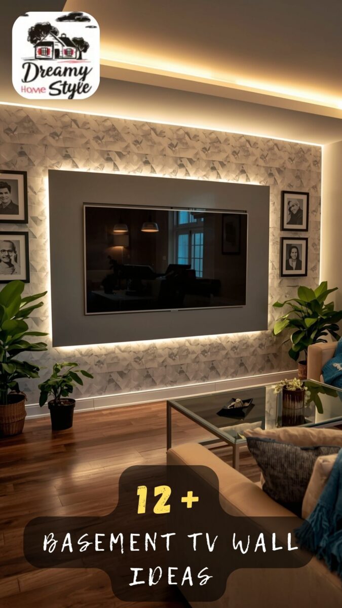 Basement TV wall with LED backlit textured accent wall, mounted flat-screen TV, framed photos, and indoor plants