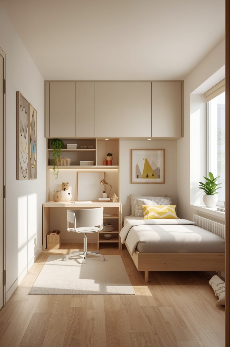Minimalist Scandinavian kids bedroom with built-in desk, overhead cabinets, single bed, and natural light