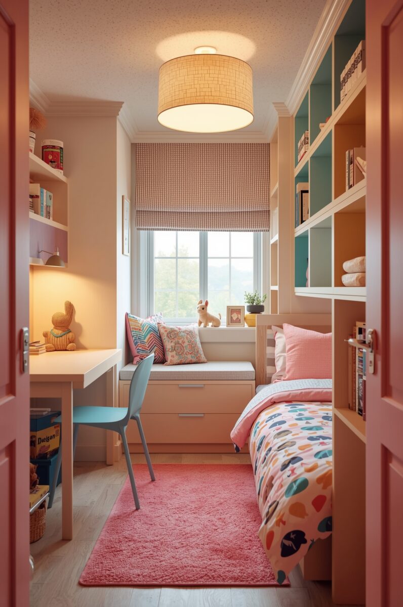 Cozy small children's bedroom with pink bedding, built-in shelves, window seat, and study desk with blue chair