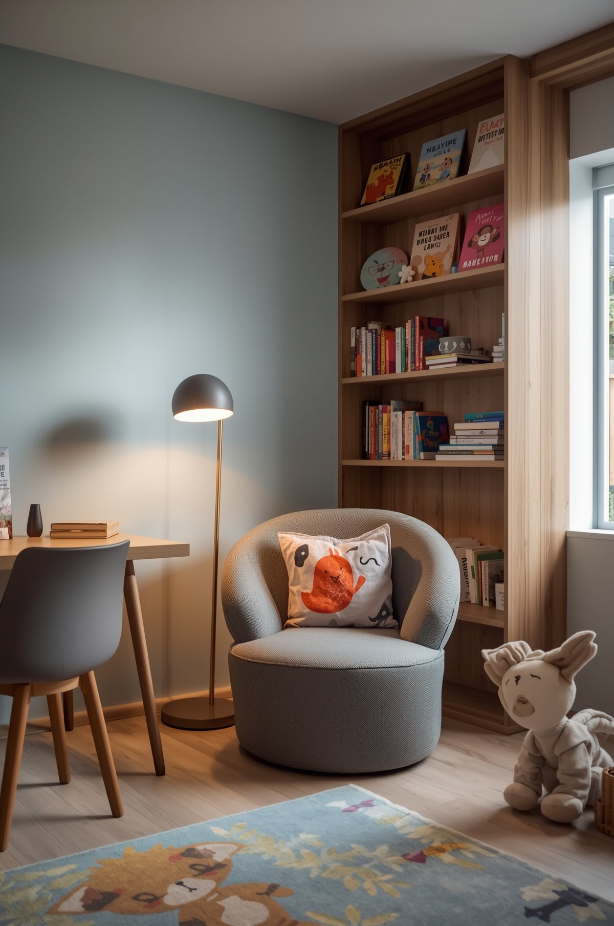 Cozy children's reading nook with round gray accent chair, floor lamp, and wooden bookshelf filled with colorful books