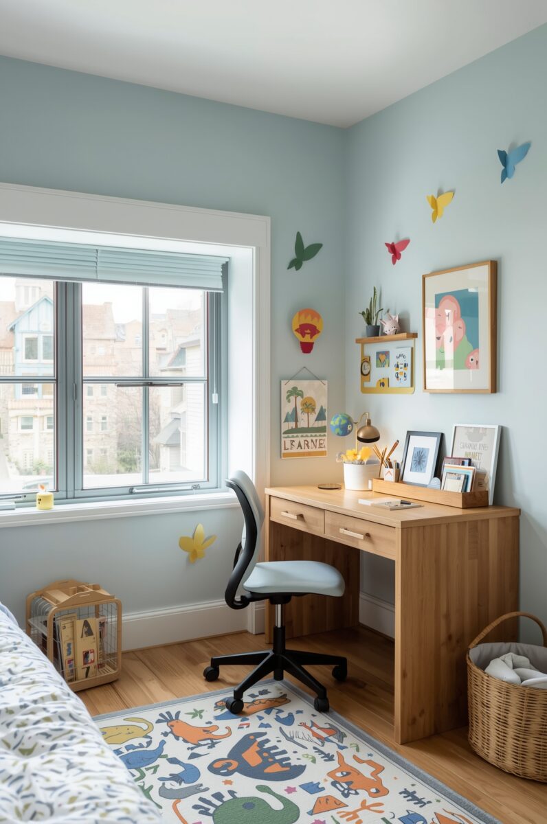Bright child's bedroom with wooden study desk, office chair, dinosaur rug, and colorful butterfly wall decor on light blue walls