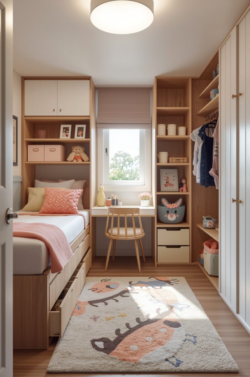 Small children's bedroom with built-in wooden storage, single bed with pink bedding, study desk by window, and animal rug