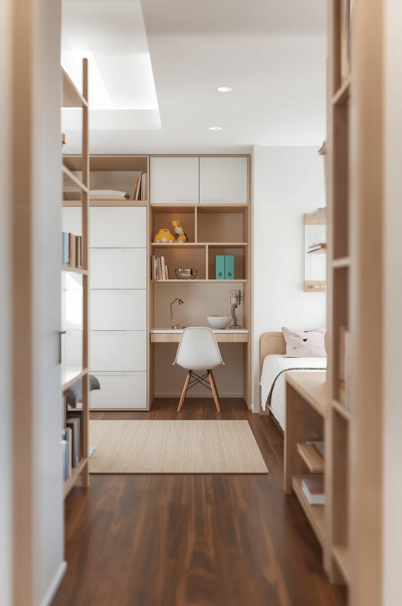 Modern Scandinavian kids bedroom with built-in wooden desk, white Eames chair, shelving, and single bed