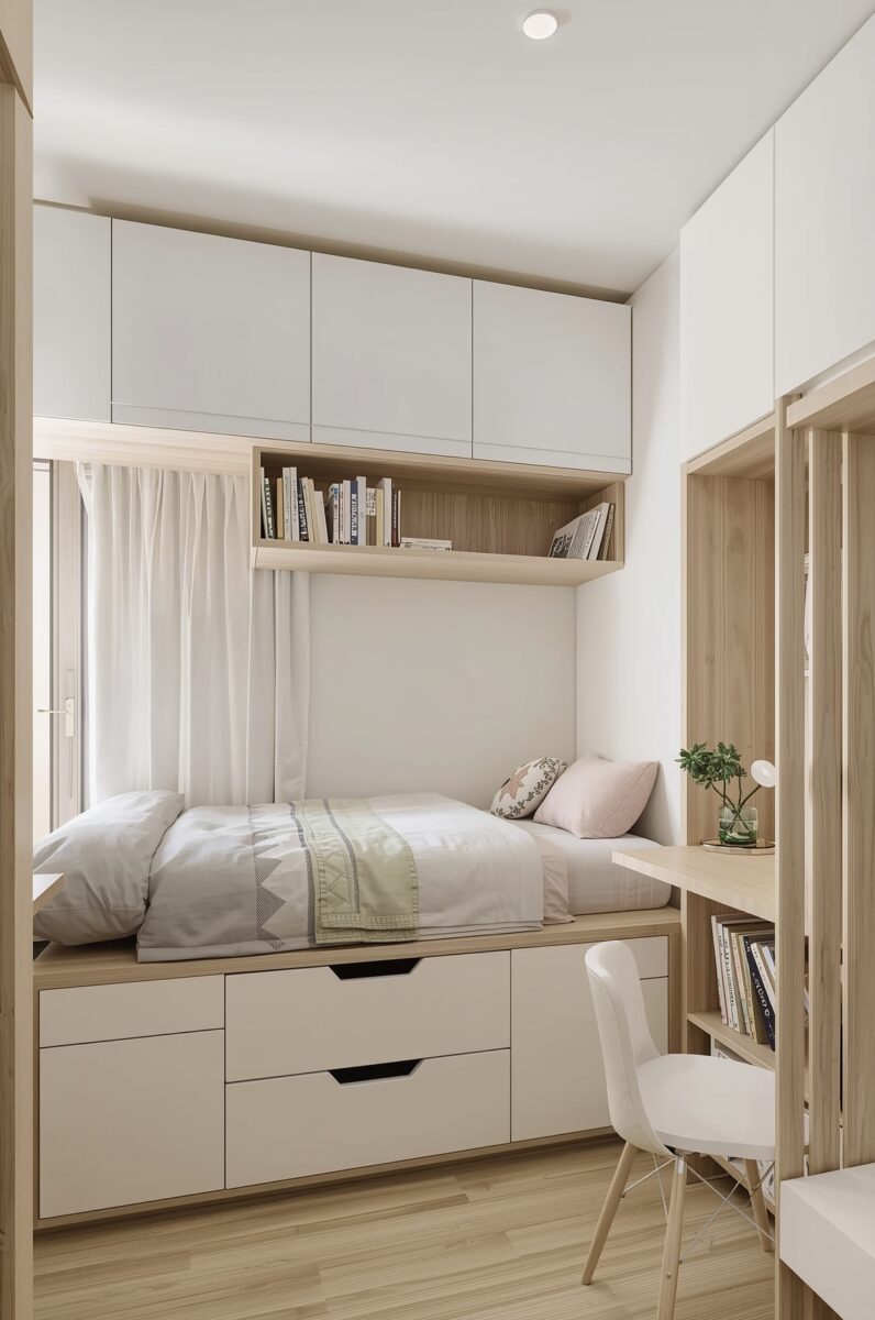 Small modern bedroom with platform bed, built-in storage drawers, overhead cabinets, and wooden desk in neutral tones