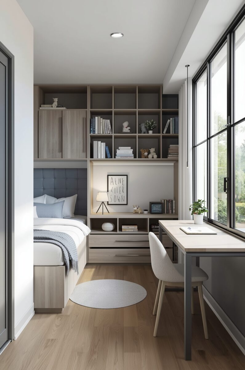 Modern small bedroom with built-in shelving, single bed with blue pillows, study desk by floor-to-ceiling windows