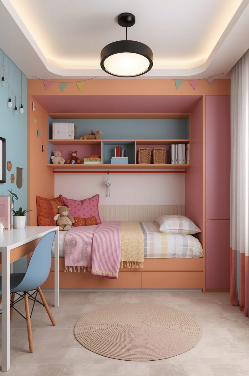 Colorful kids bedroom with built-in storage bed, orange and pink shelving unit, stuffed animals, and blue desk chair