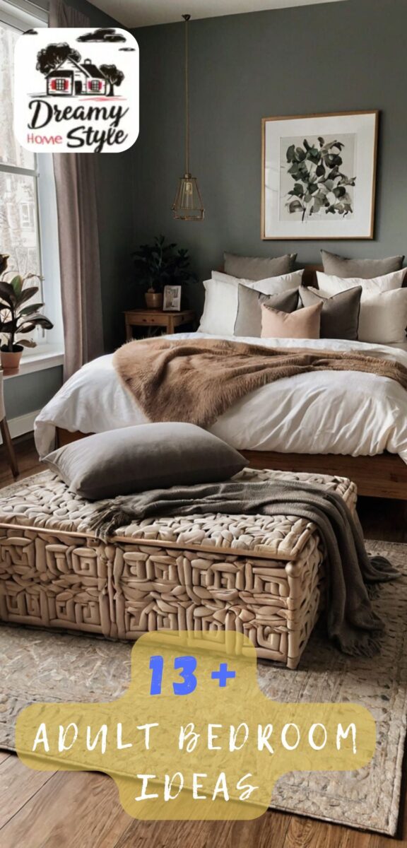 Cozy adult bedroom with dark sage walls, layered neutral bedding, faux fur throw, woven storage bench, and botanical wall art