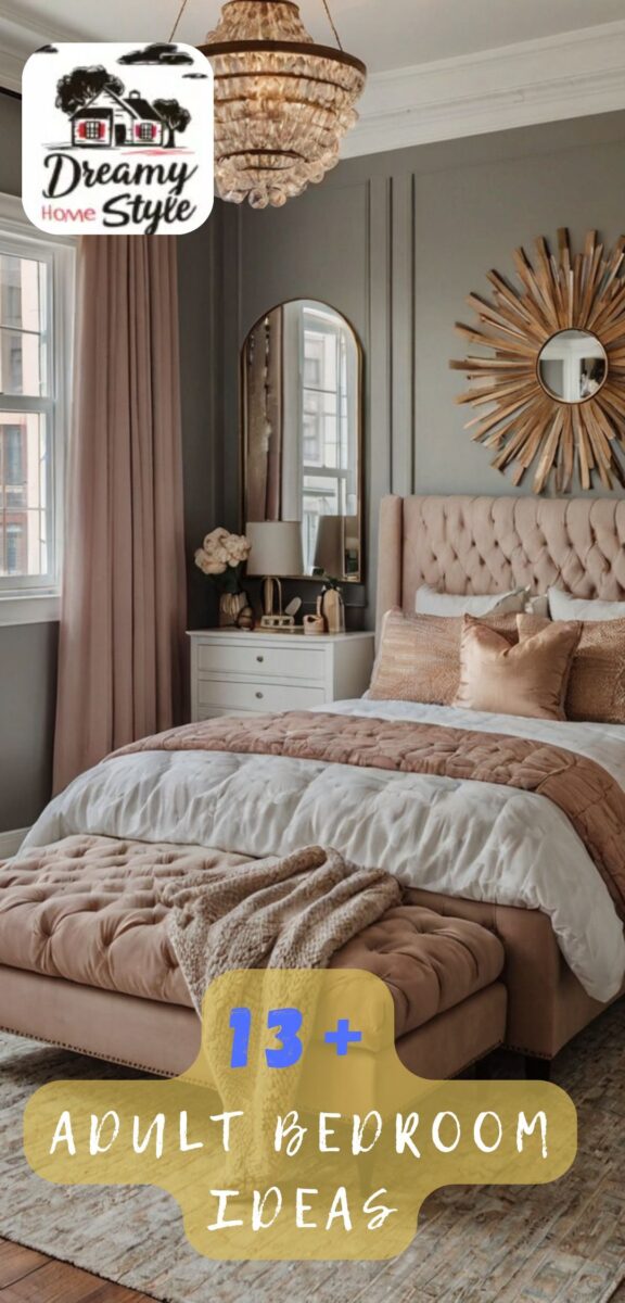 Elegant adult bedroom with blush pink tufted headboard, crystal chandelier, sunburst mirror, and gold accents