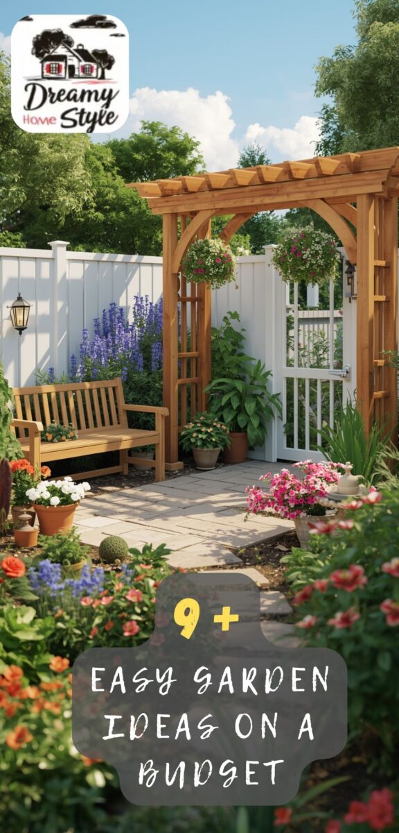 Budget-friendly backyard garden with wooden pergola arch, hanging flower baskets, bench, and colorful blooms