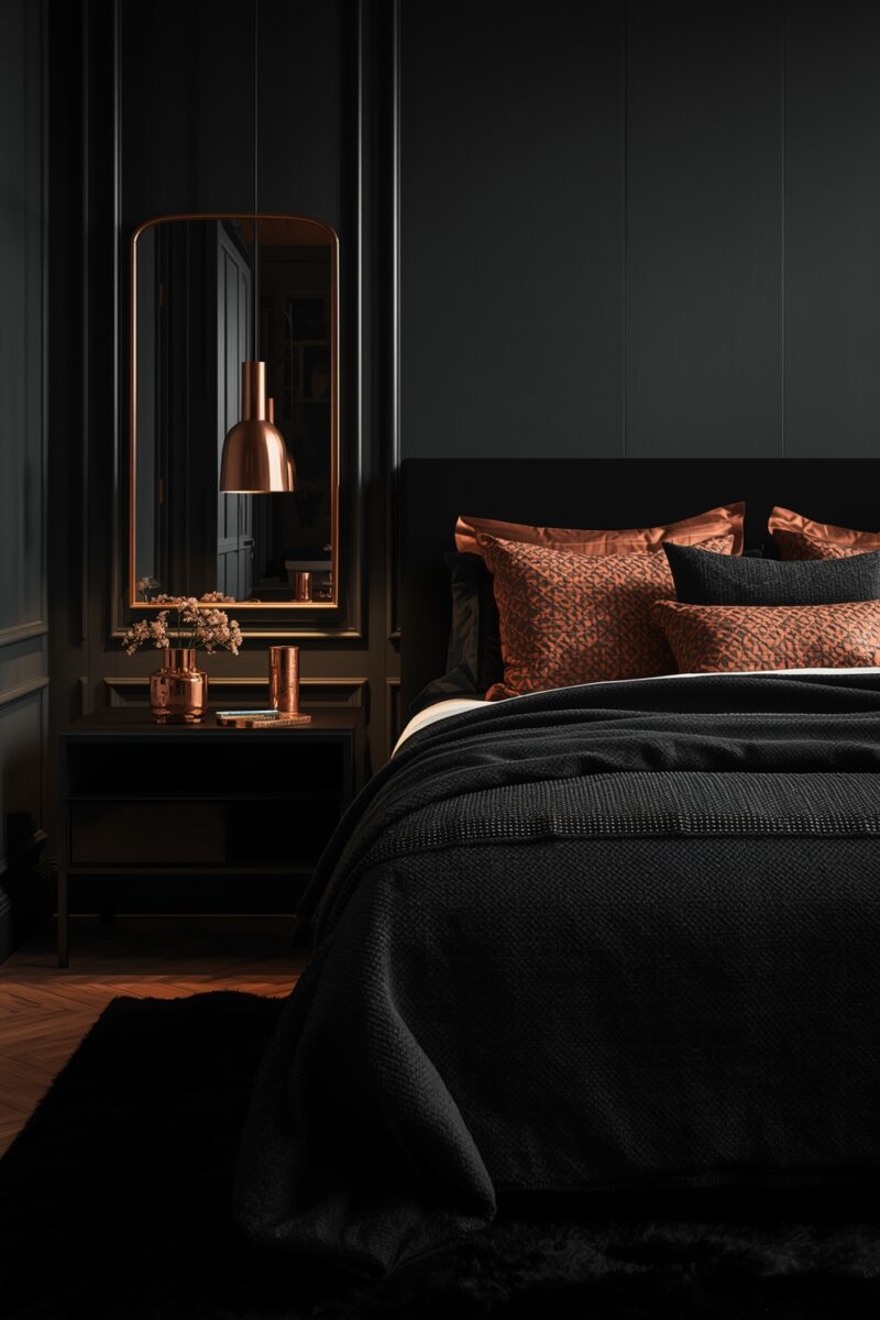Luxury dark bedroom with black bedding, copper accent pillows, pendant light, and gold-framed mirror on dark walls