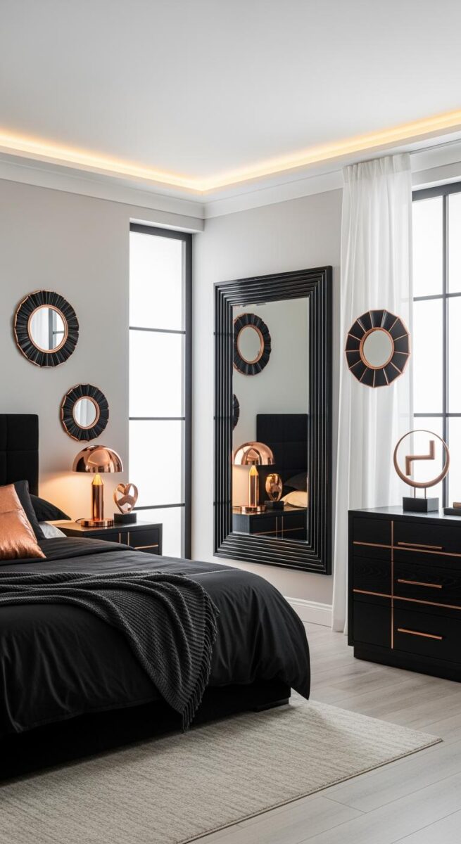 Luxury black and rose gold bedroom with floor mirror, round decorative mirrors, copper lamps, and black dresser