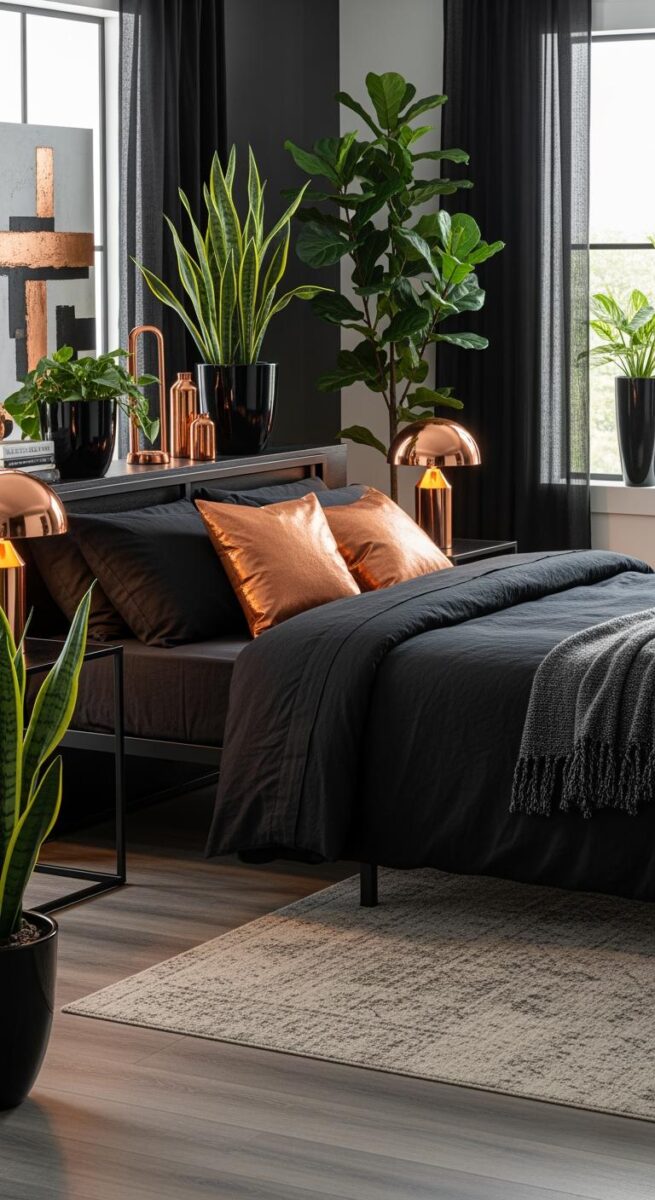 Modern dark bedroom with black bedding, copper accent pillows, snake plants, fiddle leaf fig, and rose gold lamps