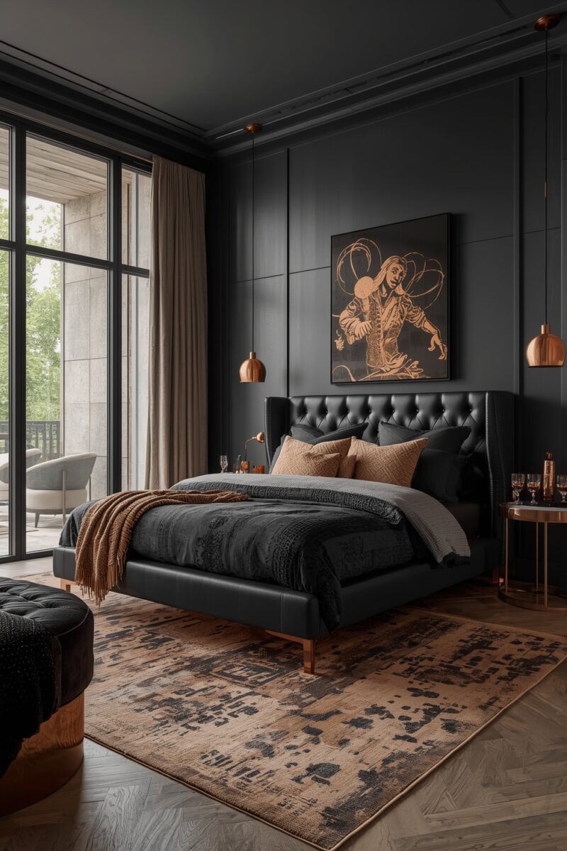Luxurious dark bedroom with black tufted leather bed, copper pendant lights, and abstract rug