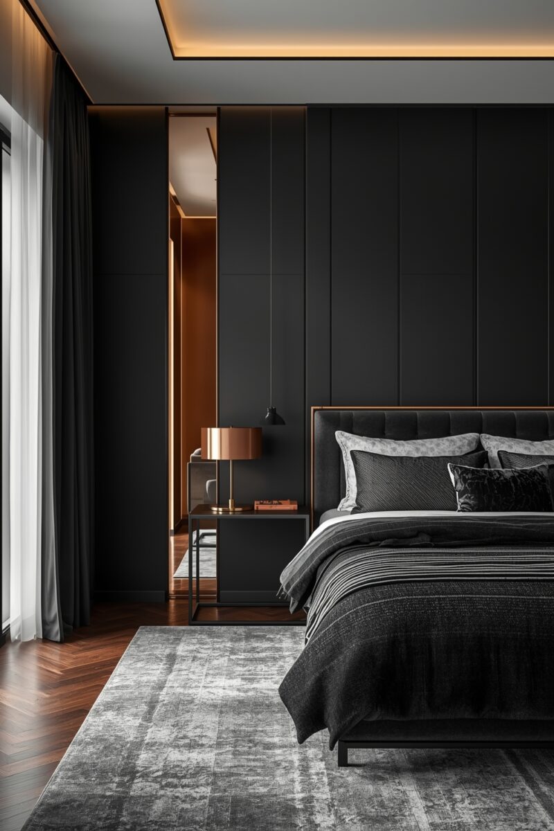Luxury dark bedroom with black paneled walls, tufted headboard, copper lamp, and herringbone wood floor