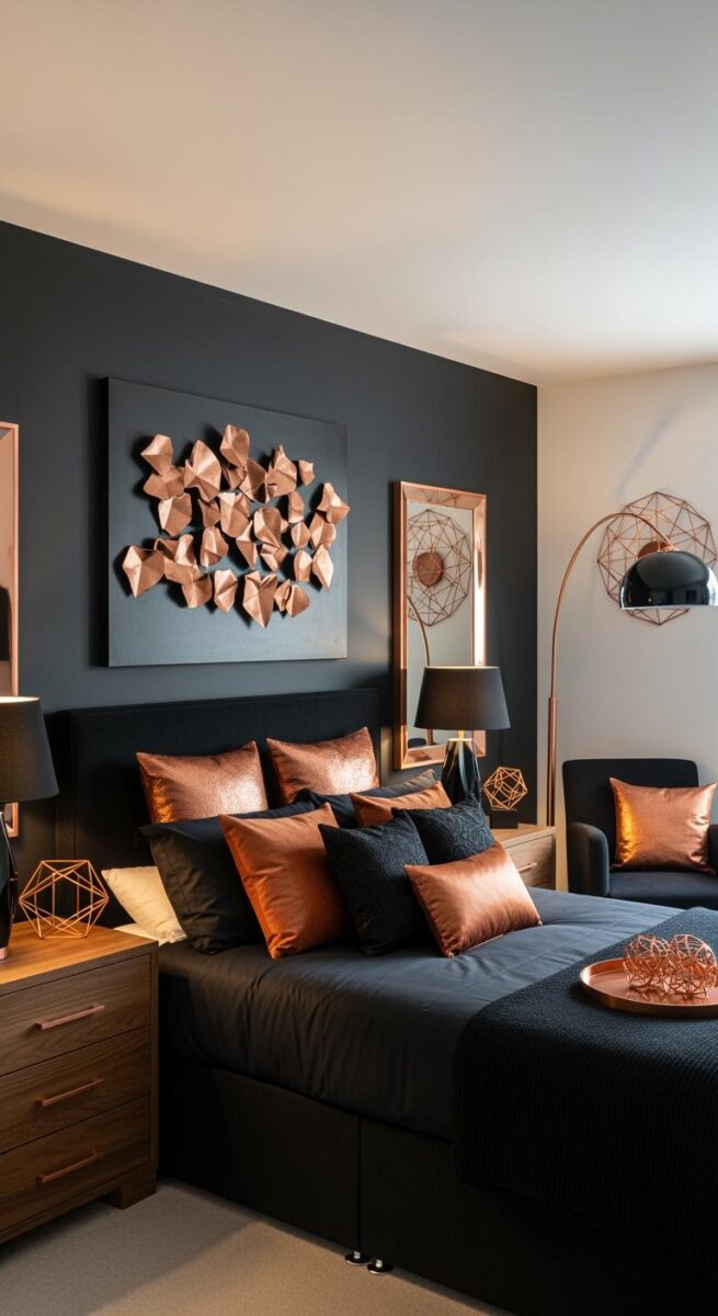 Luxury bedroom with dark charcoal walls, copper geometric wall art, navy bedding, and rose gold accent pillows