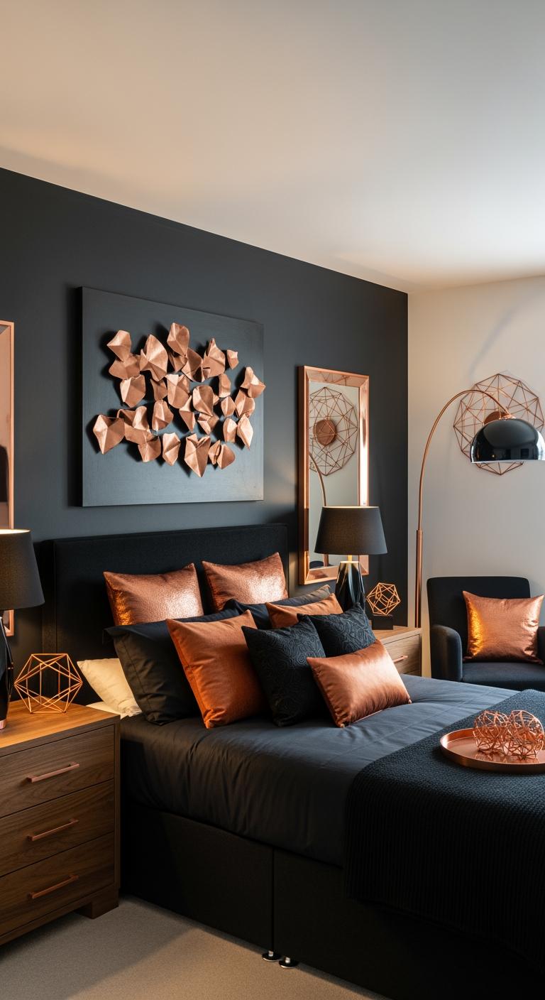Luxury bedroom with dark charcoal walls, copper geometric wall art, navy bedding, and rose gold accent pillows