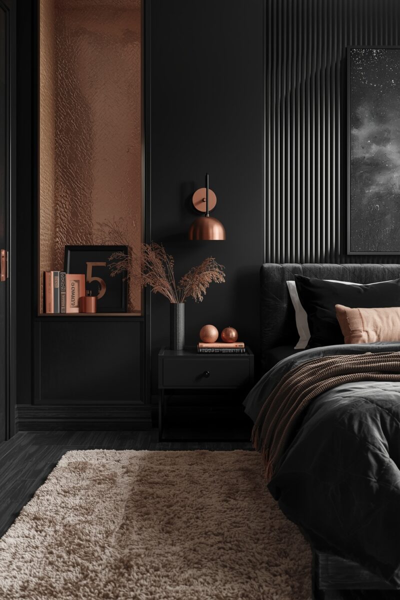 Dark moody bedroom with black walls, copper wall sconce, black nightstand, and charcoal bedding with warm accent pillows